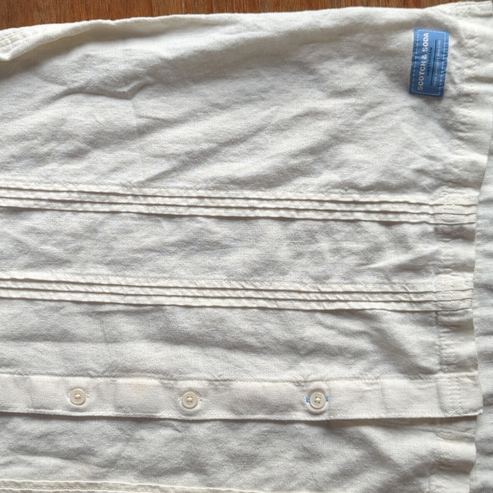 Scotch & Soda Men's Textured Linen Blend Cream Short Sleeve Button Down Shirt, L - Picture 6 of 10